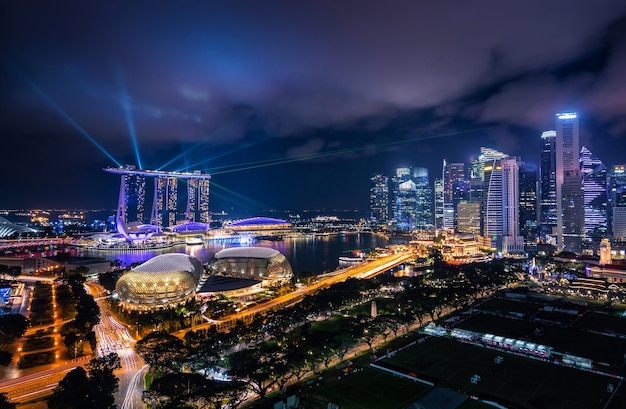 Singapore Skyline and view of skyscrapers on Marina Bay at twilight time.