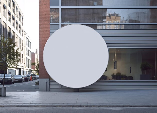 Photo singboard mock up template for your design empty white circle sign in front of building generative ai