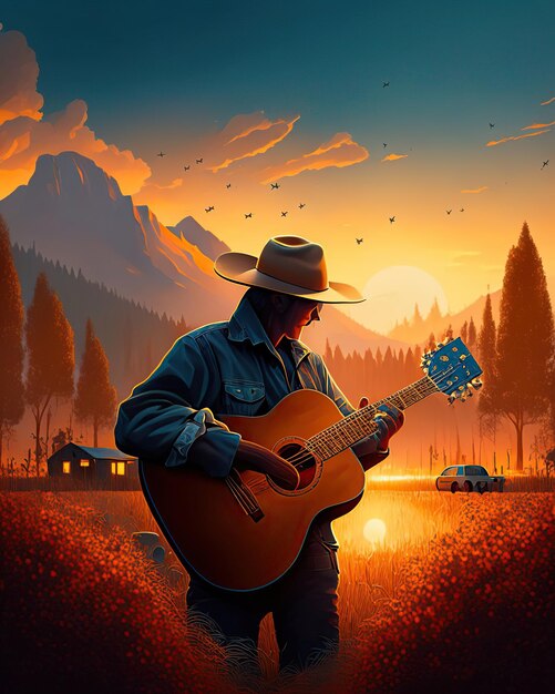 Singer and instruments country music elements cowboy guitar