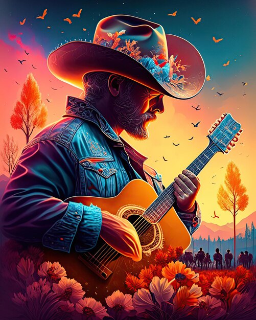 Singer and instruments country music elements cowboy guitar