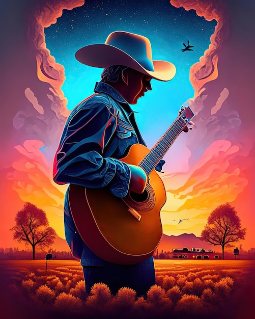 Singer and instruments country music elements cowboy guitar