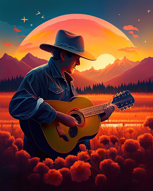 Singer and instruments country music elements cowboy guitar