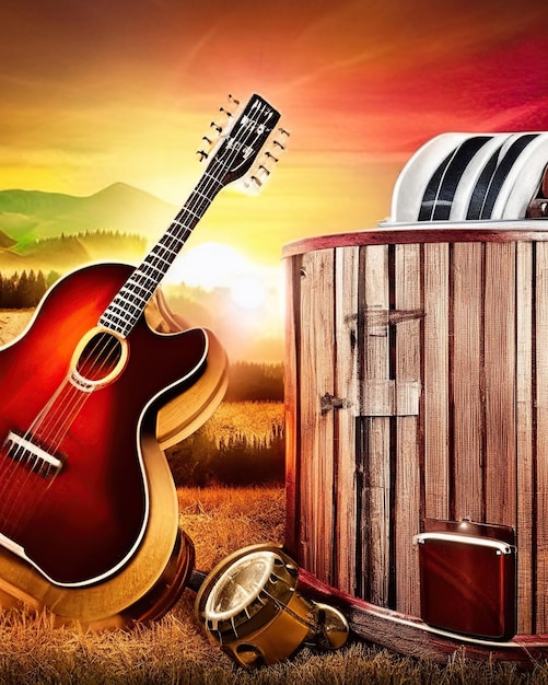 Foto cantante e strumenti elementi di musica country chitarra cowboy