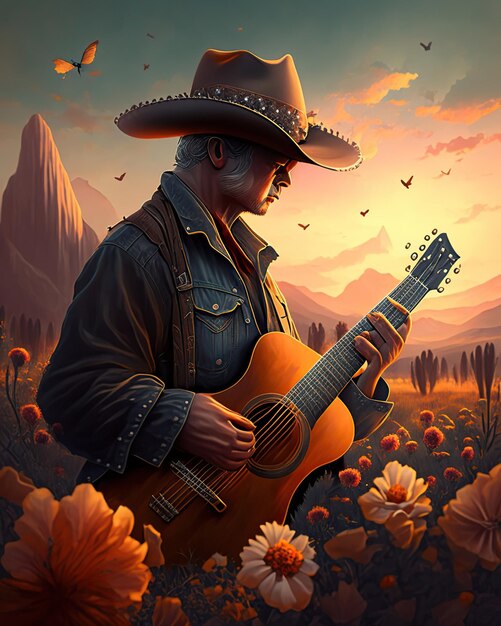 Singer and instruments country music elements cowboy guitar