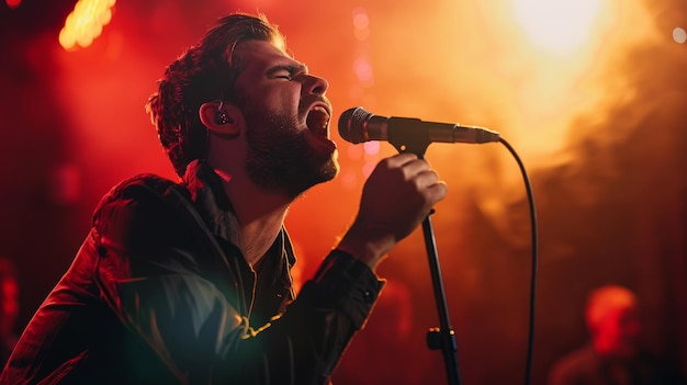 Photo singer passionately performing on stage with dramatic lighting and vibrant atmosphere