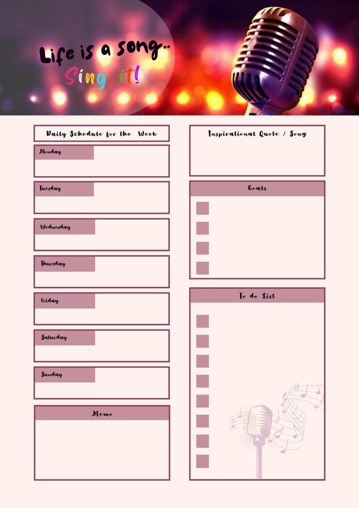 Foto singer planner digitale planning inlegblad afdrukbare paginasjabloon