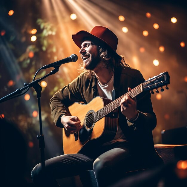 Foto il cantante suona una chitarra acustica e canta a un concerto