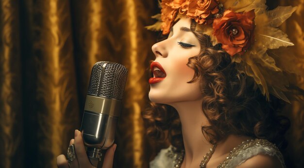 Foto un cantante che canta in un microfono