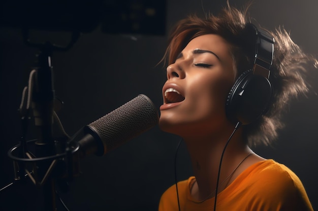 A singer singing into microphone