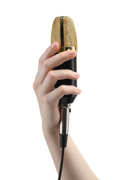 singer with microphone on white background closeup