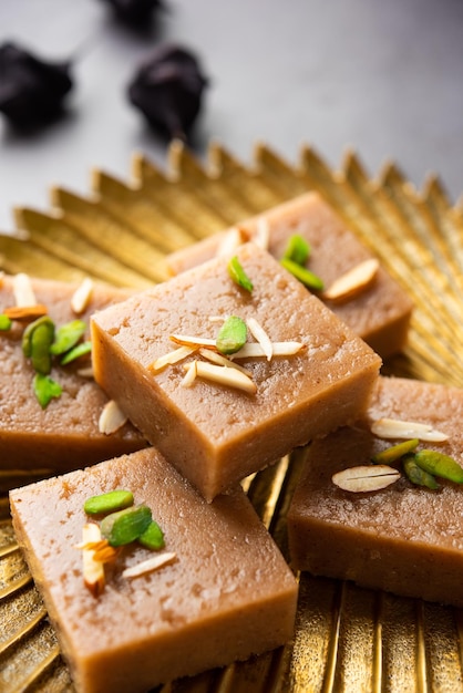 Singhara Barfi or Singhada burfi or halwa made using water chestnut flour fasting or upwas food