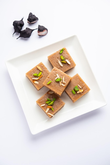 Singhara Barfi or Singhada burfi or halwa made using water chestnut flour fasting or upwas food