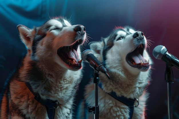 Singing Dogs Disco of 80s Concert of 90s Karaoke with Huskies with microphones Funny Dog Disco