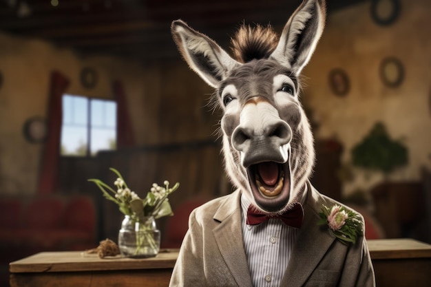 Singing donkey with a funny face wearing suit with copy space