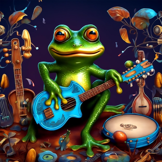 Singing frog with musical instruments Forest background big trees