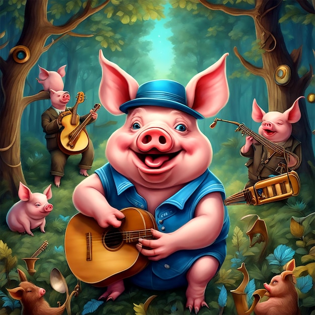 Singing Pig with musical instruments Forest background big trees