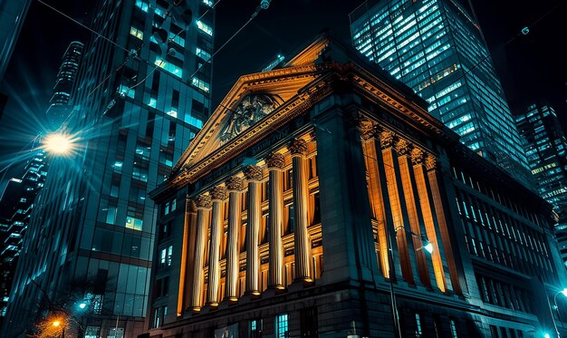 Foto l'edificio di single bank illuminato di notte dalle luci della città