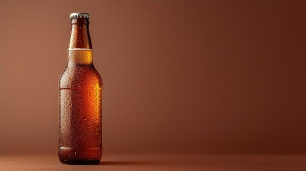 A single beer bottle with condensation against a warm brown backdrop