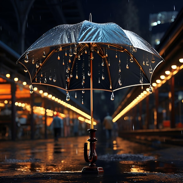 Single black umbrella with rain drops Elegant opened umbrella with heavy fall rain over blurred bokeh cityscape Rainy background AI