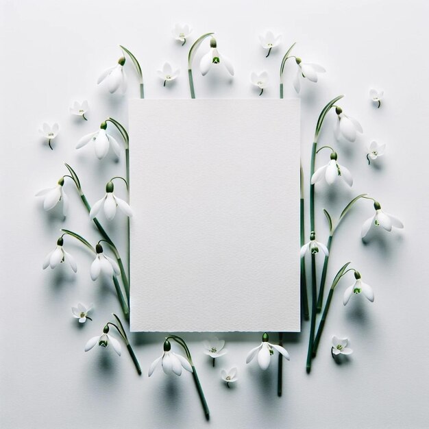 A single blank sheet of paper placed amidst a cluster of delicate snowdrops