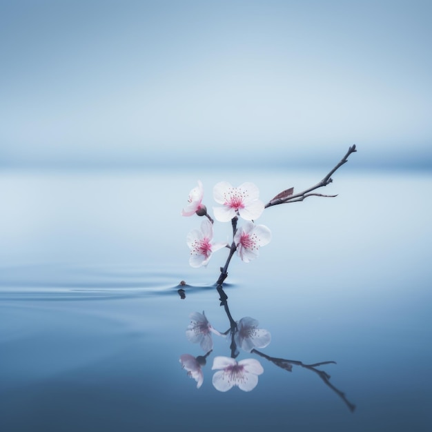 A single blossom is floating in water on a blue background