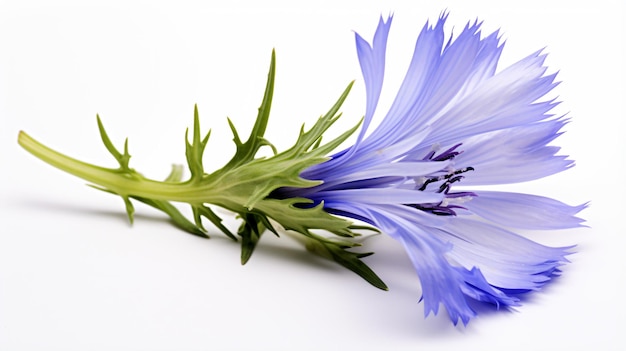 a single blue flower on a white surface