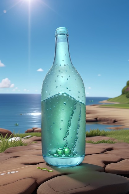 A single bottle of sparkling water illuminated by a bright sun hovering above a vibrant blue