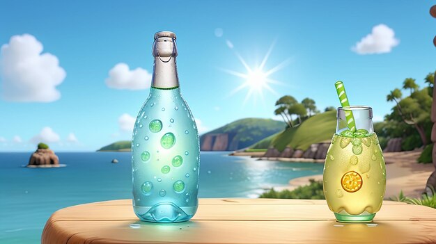 A single bottle of sparkling water illuminated by a bright sun hovering above a vibrant blue