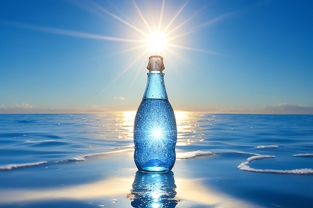 A single bottle of sparkling water illuminated by a bright sun hovering above a vibrant blue