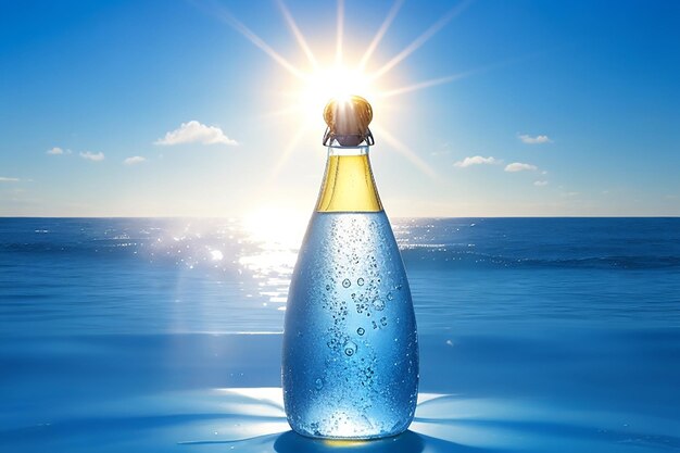 A single bottle of sparkling water illuminated by a bright sun hovering above a vibrant blue