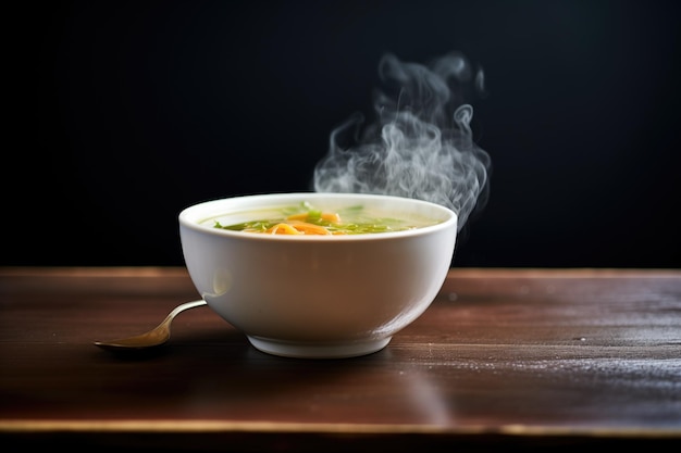 Foto una singola ciotola di zuppa con vapore che si alza su uno sfondo scuro