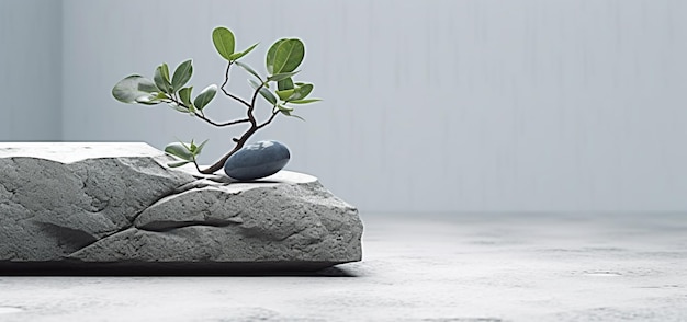 A single branch of a small plant on rocks Generative AI