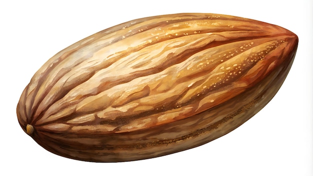 single brown almond with a slightly wrinkled texture against a white background