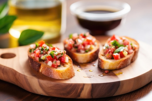 Foto bruschetta singola su vassoio di legno con un piccolo ramekin di olio d'oliva