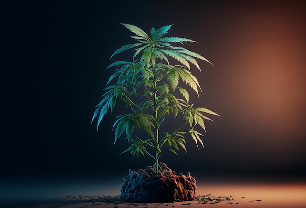 Single cannabis marijuana plant Dark lighting Generative ai