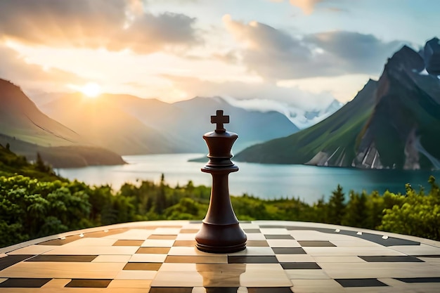 A single chess piece placed on a tranquil outdoor setting