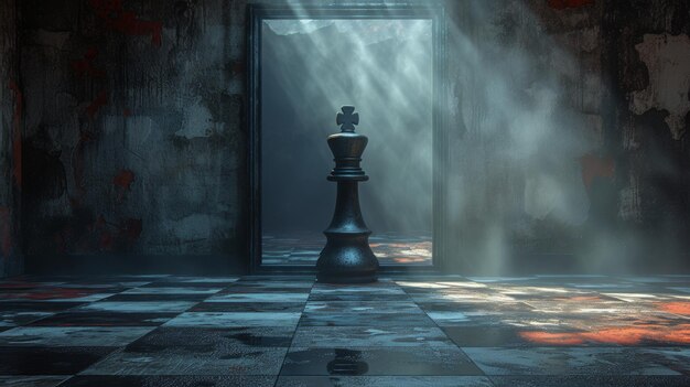 Single chess piece on a reflective surface with dramatic lighting