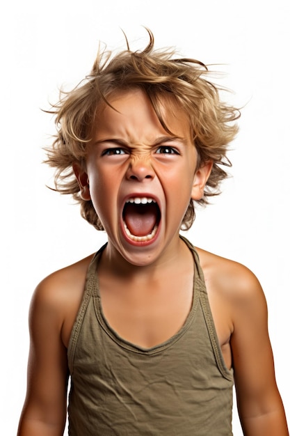 Photo a single child screaming in frustration isolated on a white background