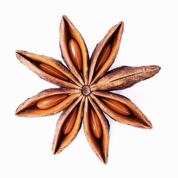 Photo single chinese star anise isolated on white background.