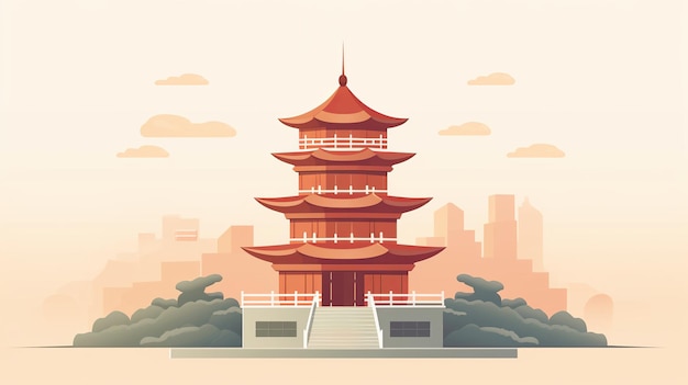 Photo single chinese tower cartoon flatflat illustration minimali generative ai