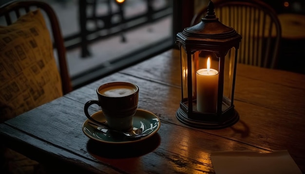 a single coffee and a burning candle in atmospheric cafe with charming an cozy interior