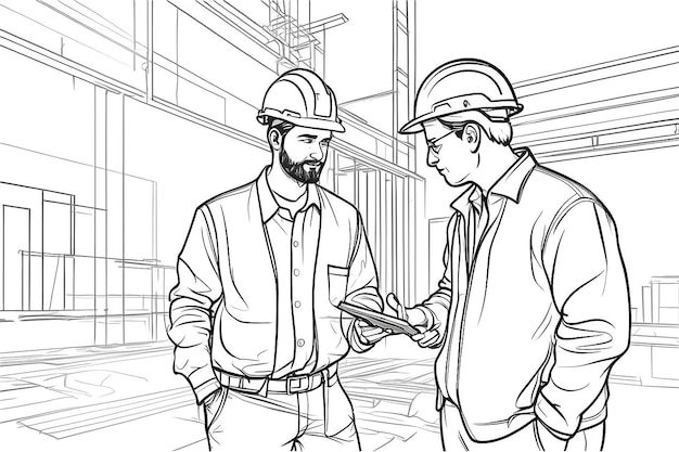 Single continuous line drawing of young construction manager giving instruction to builder