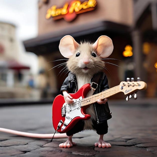 Photo single cute mice with fender stratocaster guitar in front of hard rock caffe asi