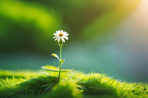 A single daisy in the grass with the sun behind it