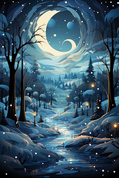 Single decorated spruce background snow fairy tale atmosphere background AI generative