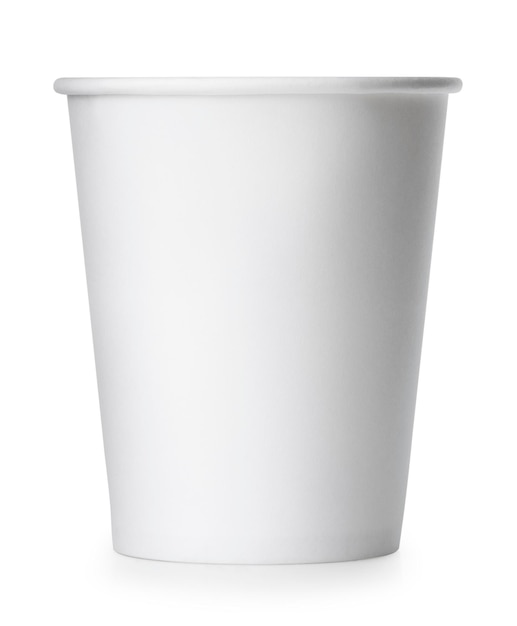 Photo single disposable empty white paper cup isolated on white background with clipping path