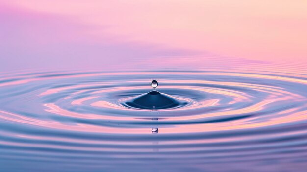 写真 single drop of water falling into the calm surface creating ripples that spread out in an elegant pattern