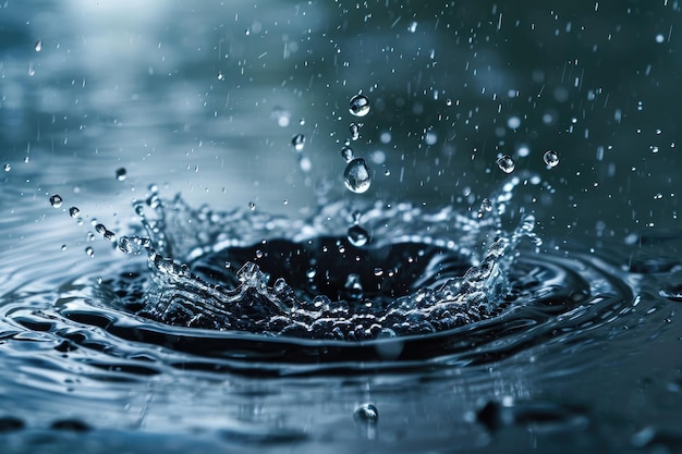 A single drop of water is captured in motion as it falls into a body of water A raindrop falling on a nanoengineered waterproof surface AI Generated