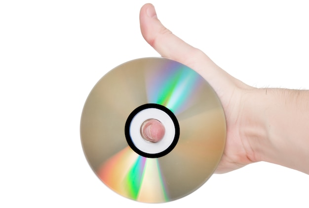 Single DVD(CD) disc hold in hand. Isolated over white