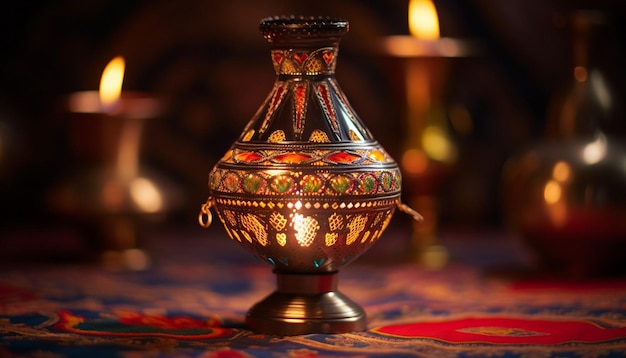 a single elegant traditional Pakistani lamp diya lit in a dimly lit room